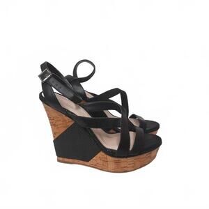 BCBG Black Strappy Cork Wedge Sandals Size 9